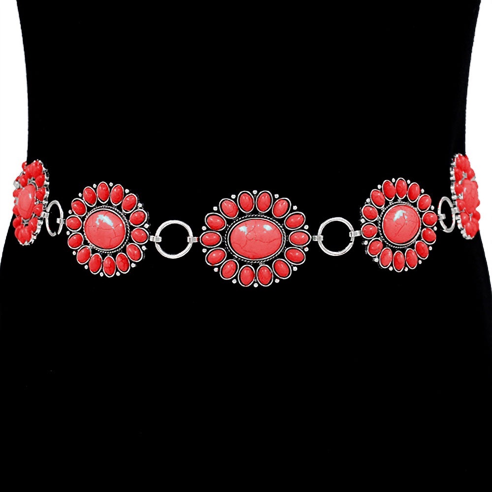 Silver & Red Boho Vintage Western Stone Concho Statement Belt